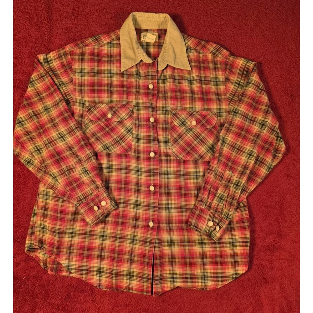 Vintage St Johns Bay Womens Medium Plaid Flannel Shirt Red Tan Corduroy Collar